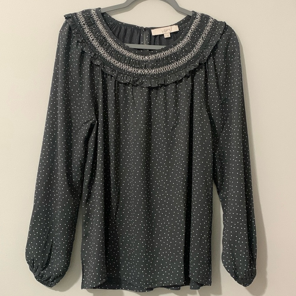 Loft Ruffle Collar Polka Dot Long sleeve Blouse
